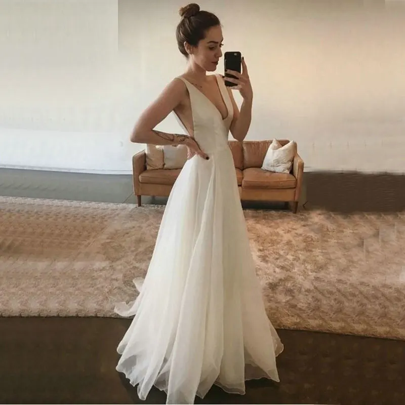 

AE0045 Simple Satin Deep V-neck Wedding Dress свадебное платье Vestido De Novia Bride To Be Vestido De Fiesta De Boda
