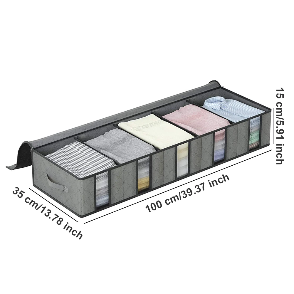 

2PCS Clothes Storage Bag Underbed Foldable Organizer Box With View Windows Removable Dividers For Home Storage Blanket Bedding