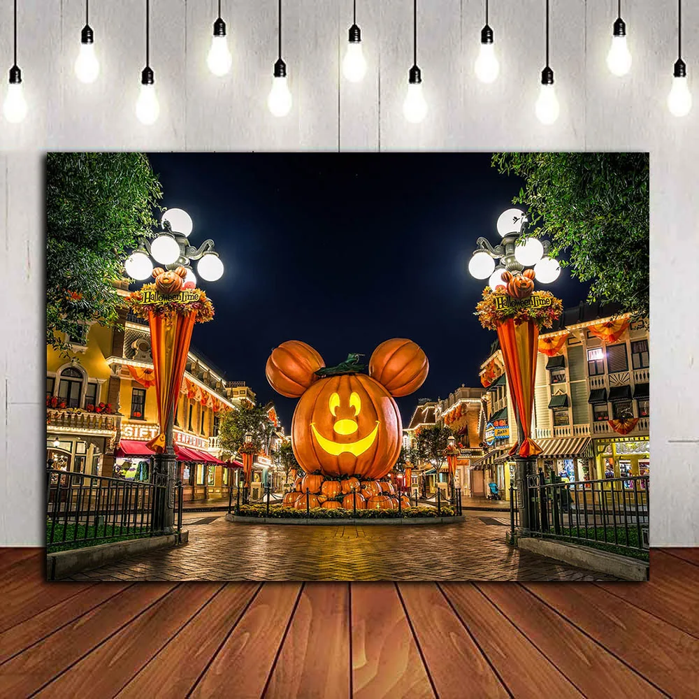 Halloween Photography Backdrops Cartoon Mouse Head Pumpkin Lantern Night Street Photo Background Booth Studio Props 7x5FT | Электроника