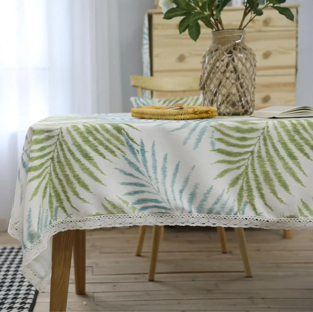 Кружевная скатерть из хлопка и льна с зелеными растениями|Скатерти| |