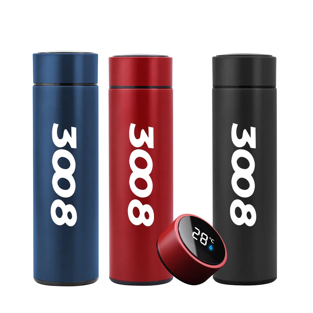 

500ml Smart Thermos bottle With Logo For Peugeot 3008 Temperature Display Portable Stainless Steel Thermo Mug Travel Coffee Cup