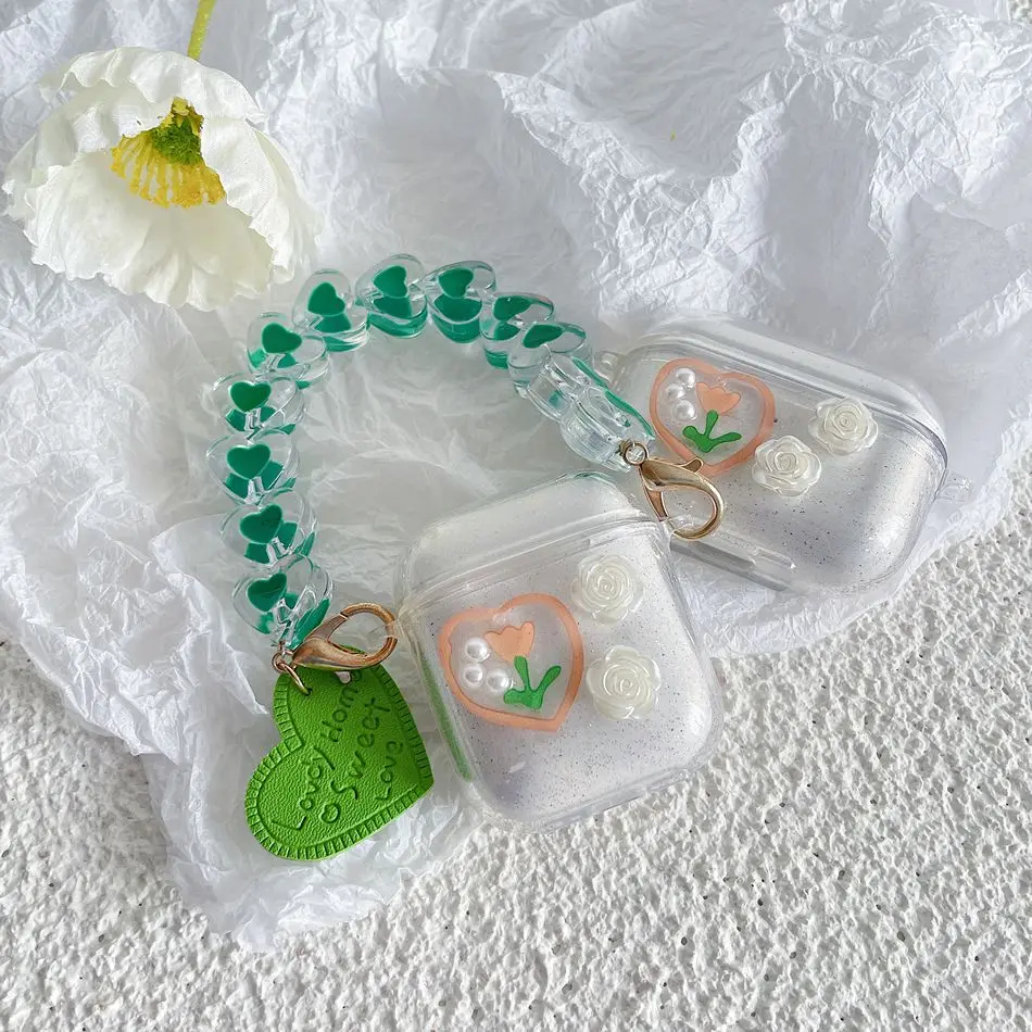 

Earphone Case For AirPods Flower Love Glitter Earphones Cover For AirPods 2 3 AirPods Pro Soft TPU Protect Shell with Love Chain