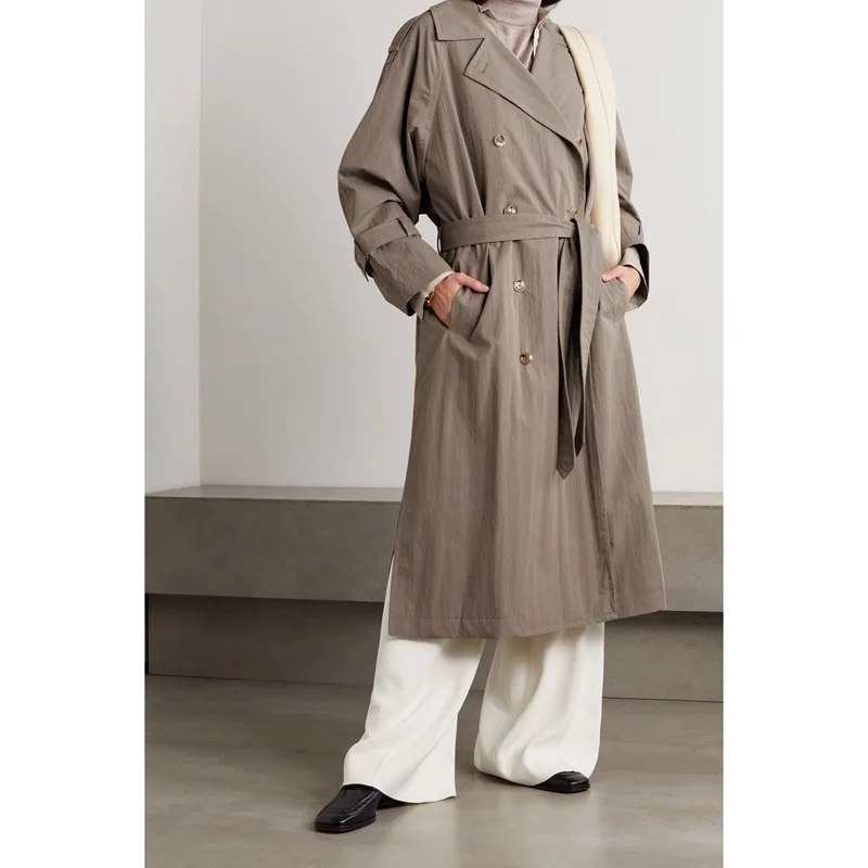 

Composite fabric Nordic Tote New thin windbreaker women's belt double row button long coat 2021 autumn