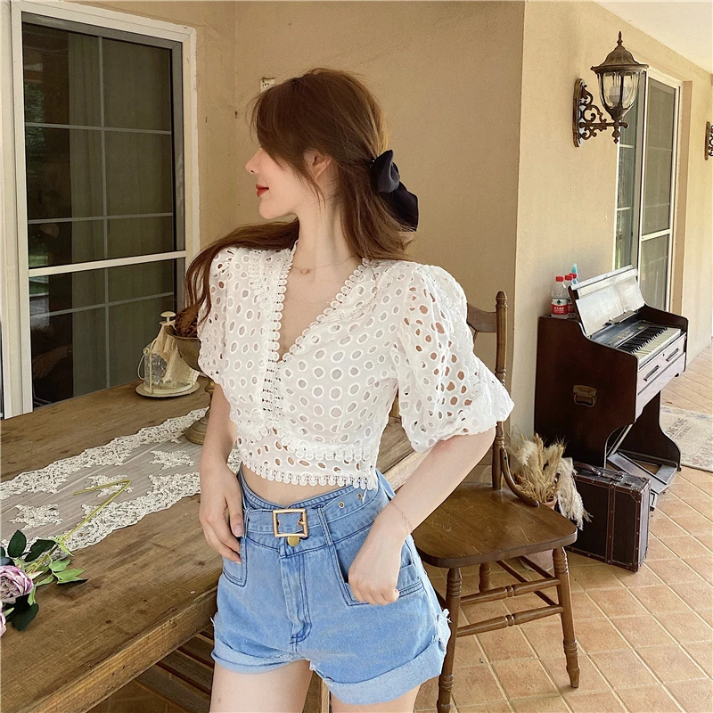 

Women Blouse Shirt Hollow Out Summer 2021 New Lace Flower V-neck Bubble Short Korean Style Sexy Short Female Tops