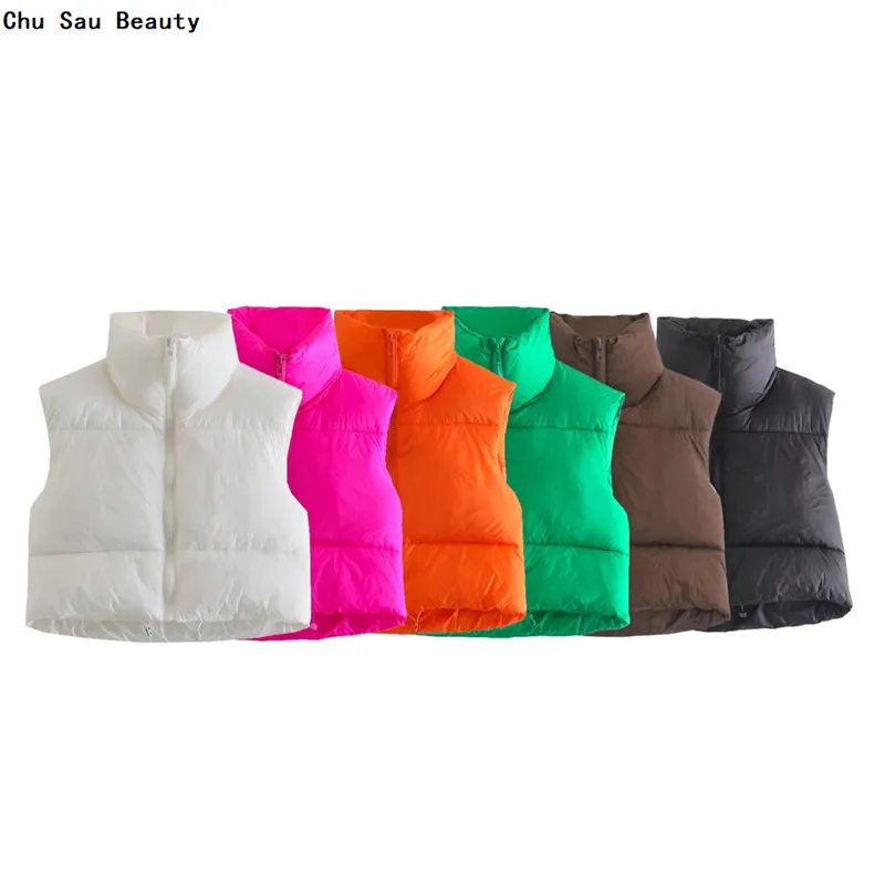

2021 ZA New Women's Multi-Color Short Cotton-Padded Waistcoat Autumn/Winter Trend High Street Front Zipper Loose Casual Tops
