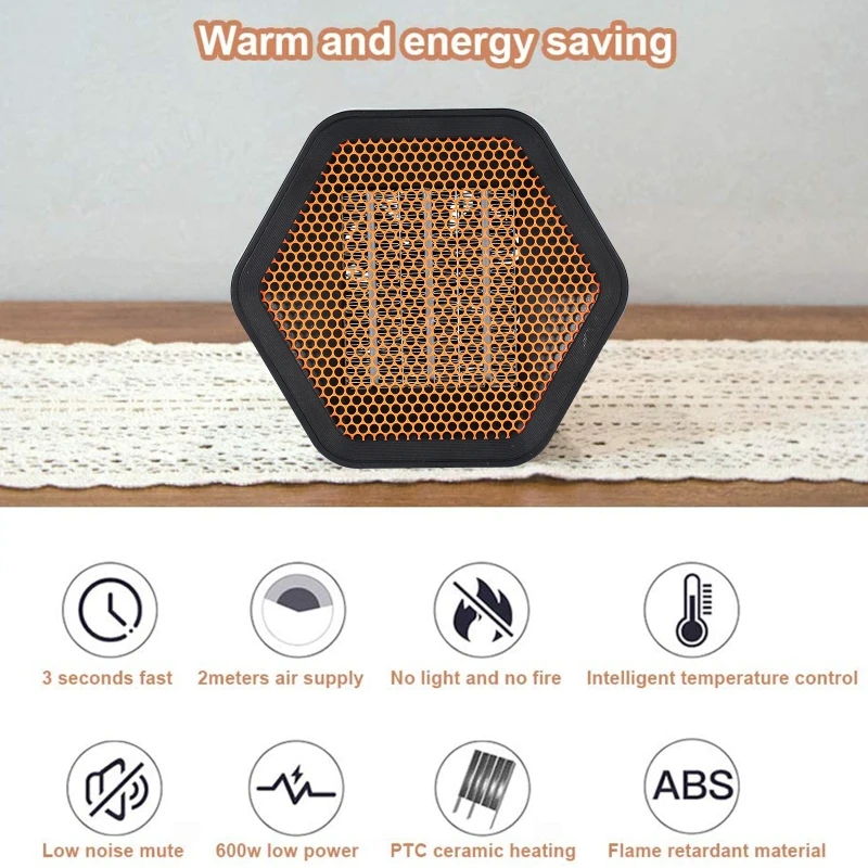 

600/1000W Silent Mini Electric Heater Temperature Control Hexagonal Desktop Heating Warmer Air Fan Home Office