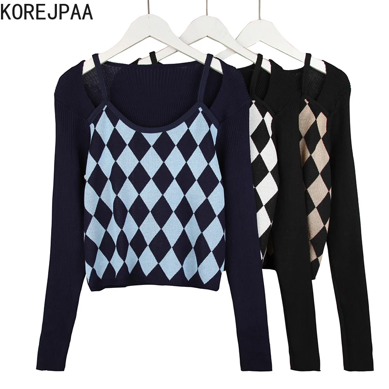 

Korejpaa Color Matching Argyle Sweater Women Fake Two-piece O-neck Long-sleeved Knitted Pullover Female 2021 Autumn Short Top