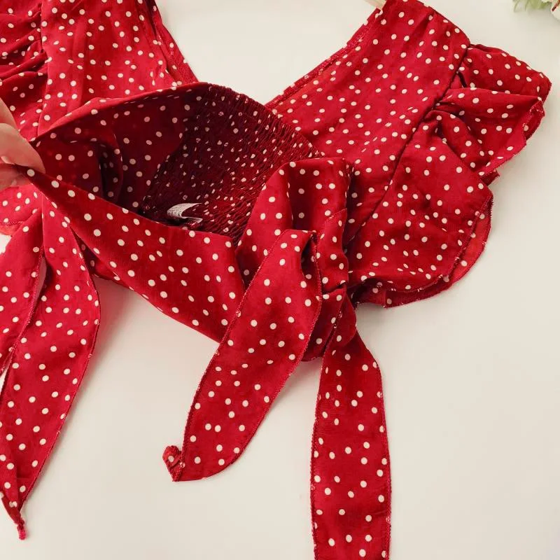 Летняя шифоновая блузка с оборками женская рубашка в горошек V-образным вырезом