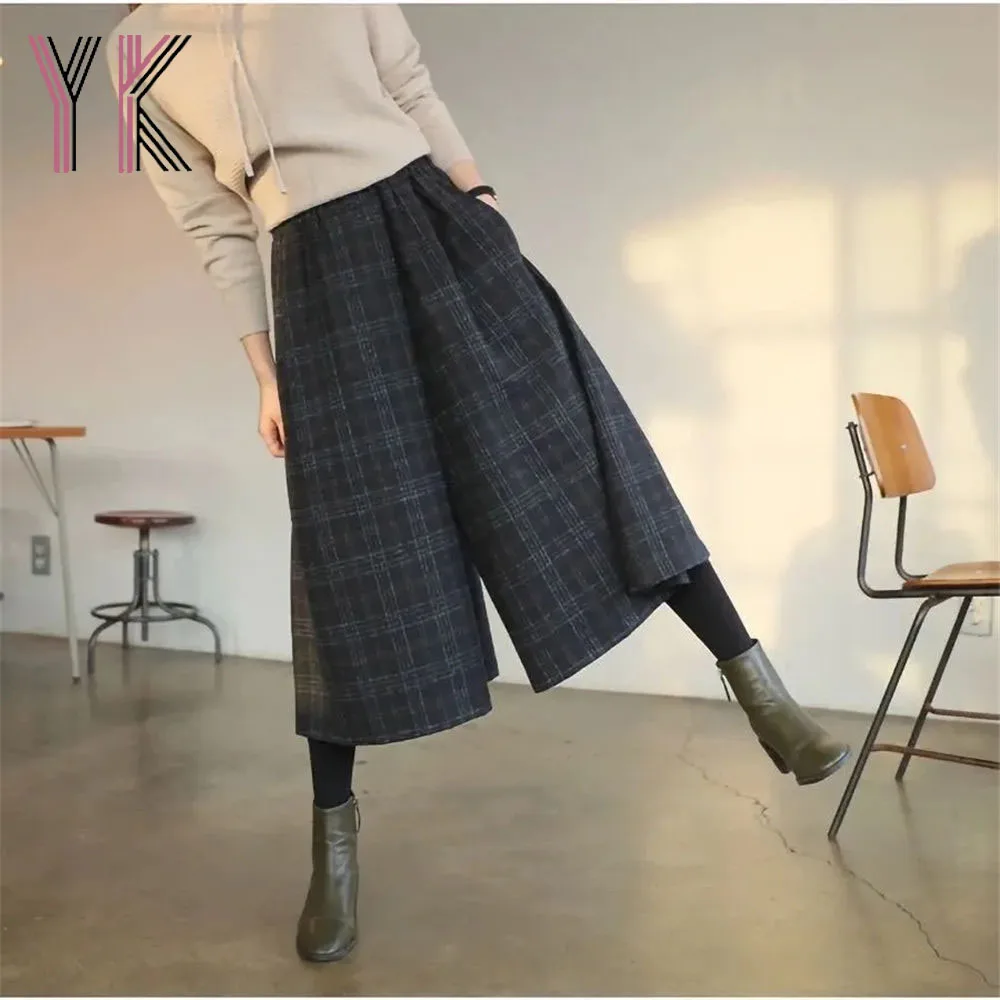

Plaid Wool Blend Elastic Band High Waist Baggy Wide Leg Pants Women Mom Ankle Length Trousers Autumn Spring Culottes Pantaloons