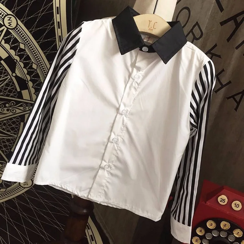 Рубашки с длинным рукавом для мальчиков весенние детские полосатые топы