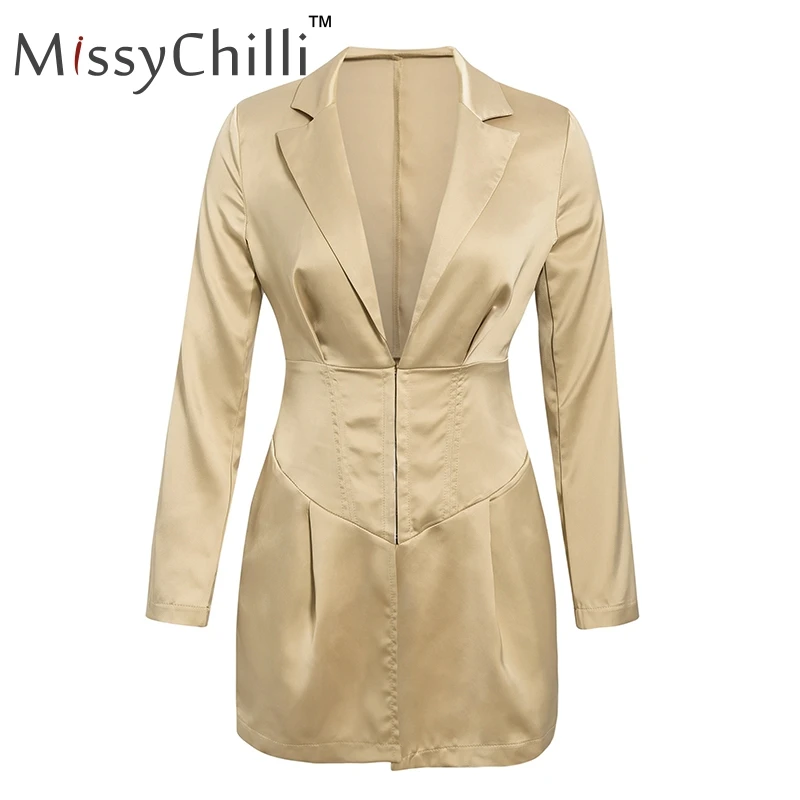 Хаки MissyChilli хаки сексуальный v-образный вырез Блейзер платье для женщин осень зима bodycon элегантное офисное пальто Женский Высокая талия уличная блейзер - Цвет: Хаки