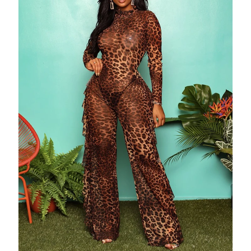 

Прозрачные сетчатые комбинезоны с леопардовым принтом для женщин, сексуальное боди, Клубные праздничные комбинезоны, женский комбинезон