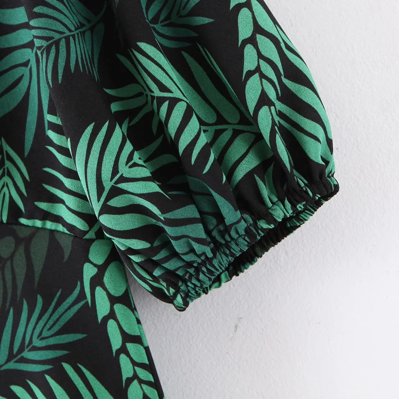 Za 2019 модное женское платье миди с принтом зеленых листьев шифоновое сексуальное