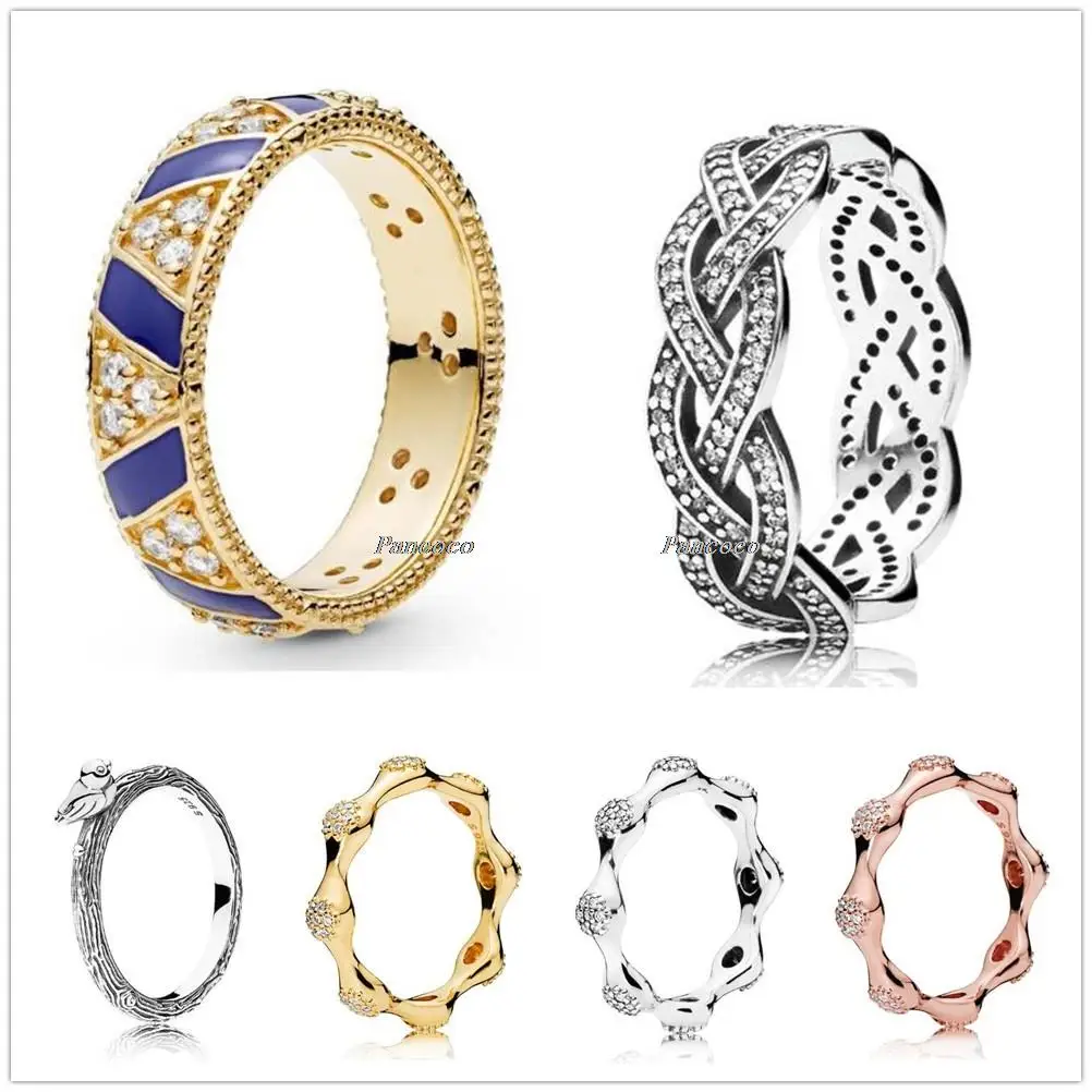 

Authentic 925 Sterling Silver Golden Shine Stones And Stripes Ring For Women Wedding Party Gift Europe Fashion Jewelry