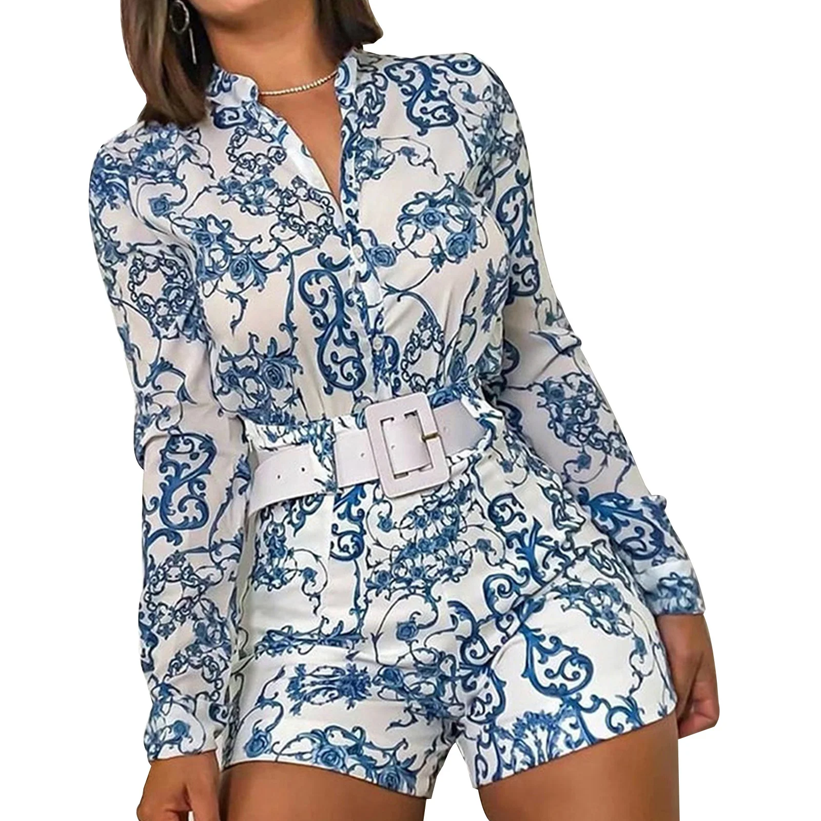 

Women Mixed Print 2pcs Set Suits Turn-down Collar Long Sleeve Casual Top and Shorts Set Without Belt