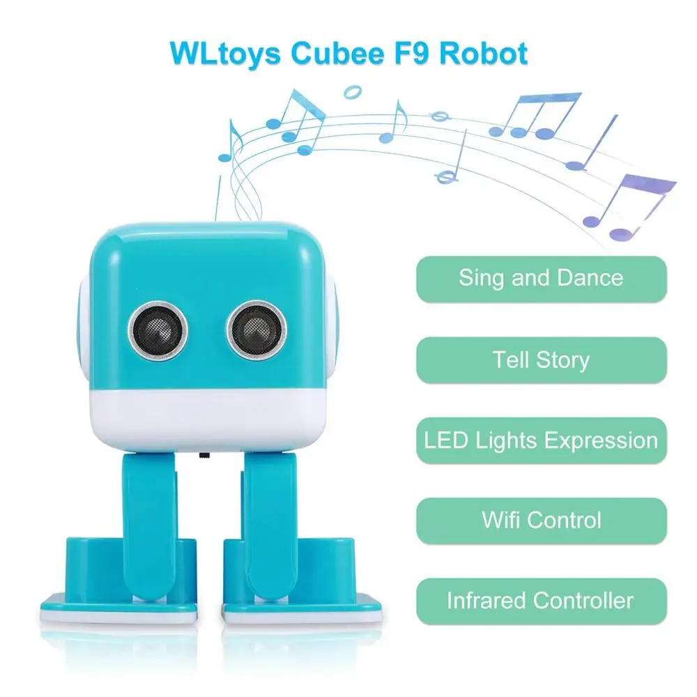 Интеллектуальный светодиодный робот WLtoys Cubee F9 с двойным режимом управления и ультра-звуковым датчиком дистанционного управления, детский игрушечный робот для танцев - Цвет: Blue