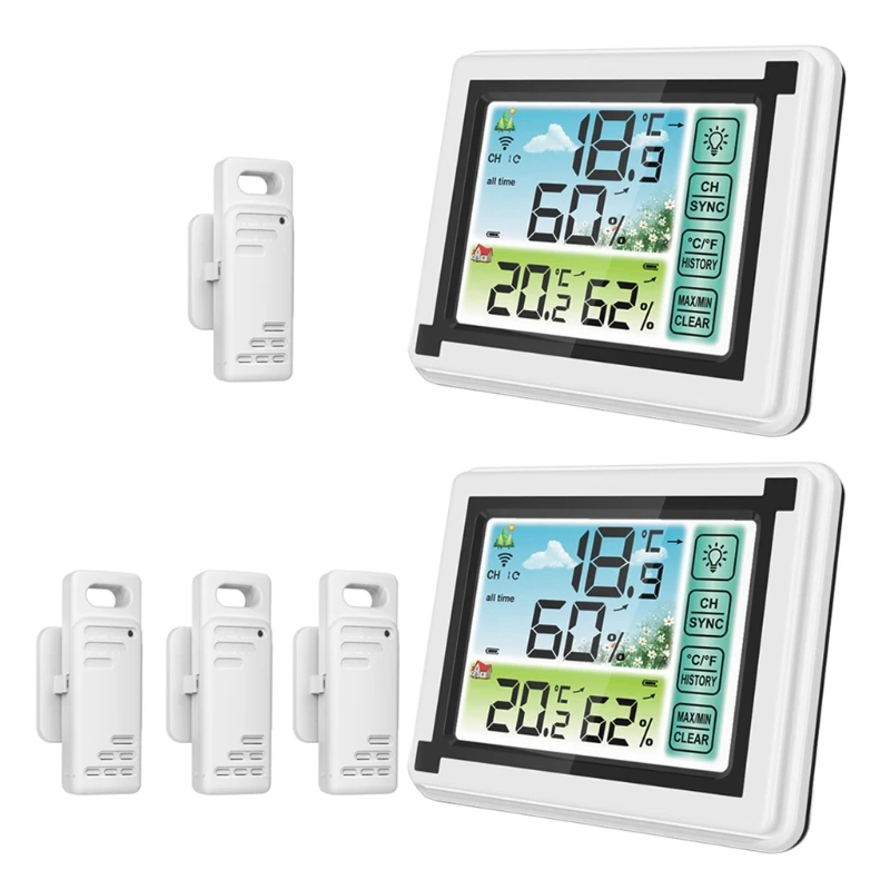 

Wireless Touch Screen Weather Station Indoor Outdoor Max Min Temperature meter Humidity Record ℃ ℉ Weather Monitor Clock T3EC
