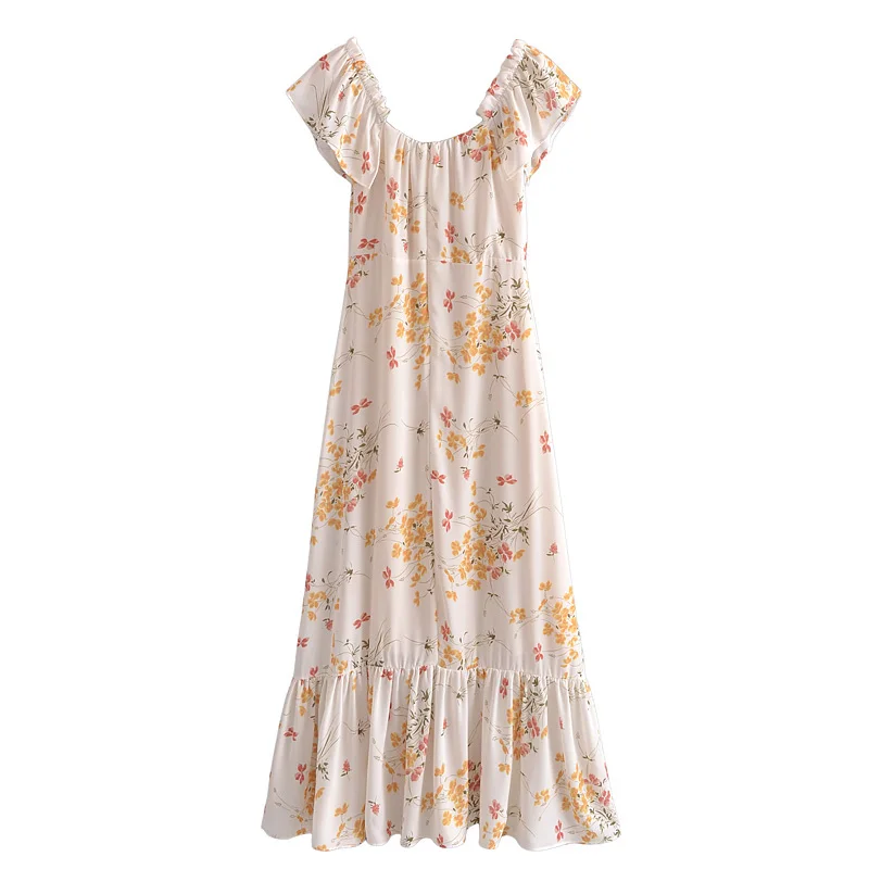 

Summer Women Dress Slash Neck Ruffles lDress Fashion Floral Printed Office Lady Long Party Vestido Elegant Girls Causal Outfits