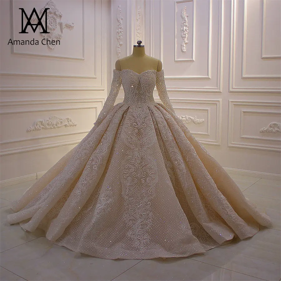 Шампанское Robe de mariee с открытыми плечами Длинные рукава Кружева Аппликация блестящее свадебное платье цвета шампанского - Цвет: Шампанское