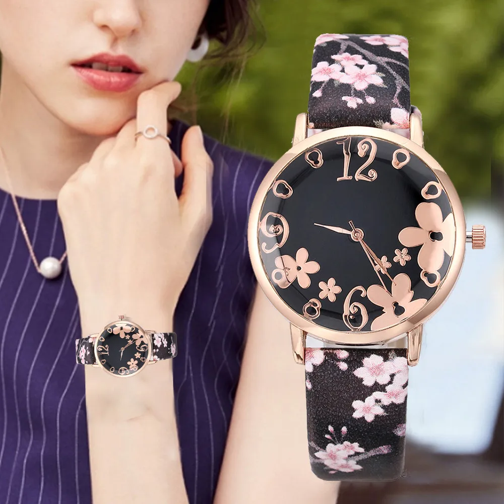 

Women Fashion Embossed Flowers Small Fresh Printed Belt Student Quartz Watch montre femme Reloj Mujer D19