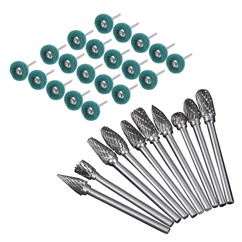 

20 Pcs Fine Abrasive Wheels Brushes Kit with Double Cut Carbide Rotary Burr Set - 10 Pcs