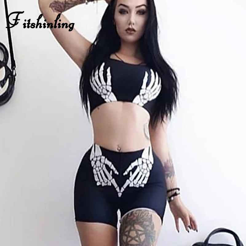 Женские комплекты для фитнеса с принтом черепа в готическом стиле бюстгальтеры