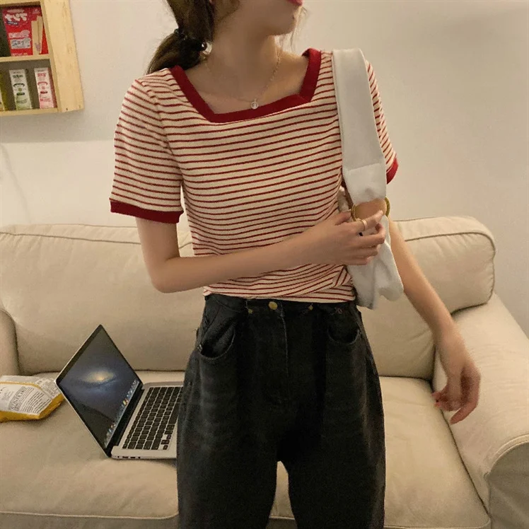 

Large Size Women's Spring Clothing Fat Girl Korean Style Slim Fit Slimming Stripes Square Collar Short French Style Short Sleeve