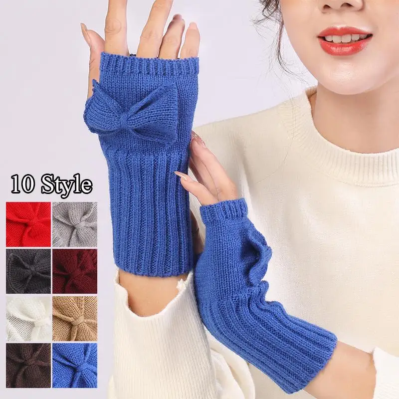 

Winter Warm Bowknot Arm Cover Knitted Fingerless Gloves For Women Stretch Half Finger Arm Glove Crochet Knitting Mitten Gloves