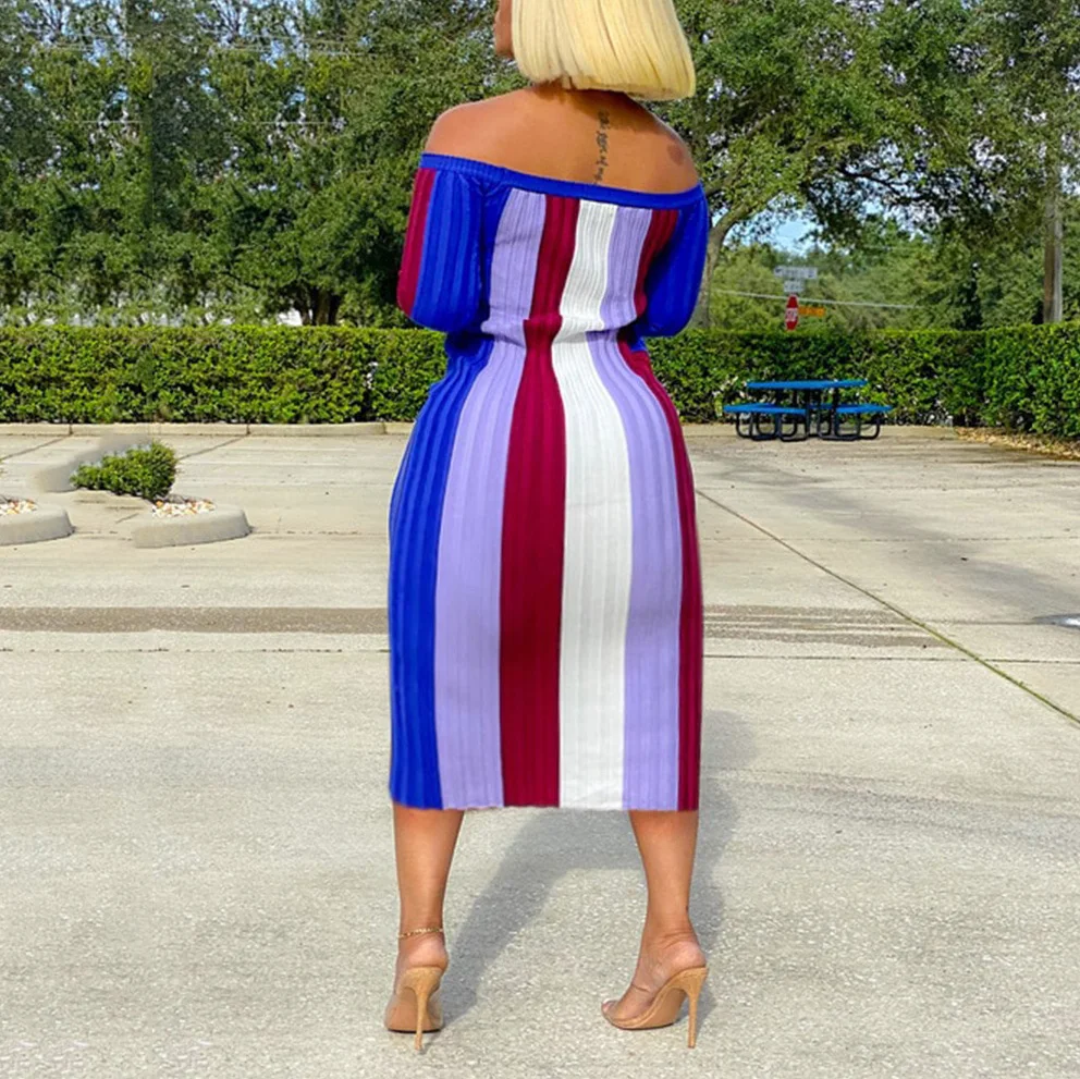 

Elegant Dress Women For Wedding Party Midi Striped Print Bodycon Off The Shoulder Mid Calf Fashion Evening Night Dinner Vestidos