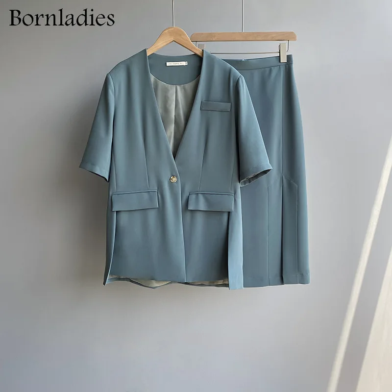 

Bornladies Office Lady V-neck Short Sleeve Blazer + Side Split Women Midi Skirts Summer Elegant Women Blazer Sets Skirt Suits