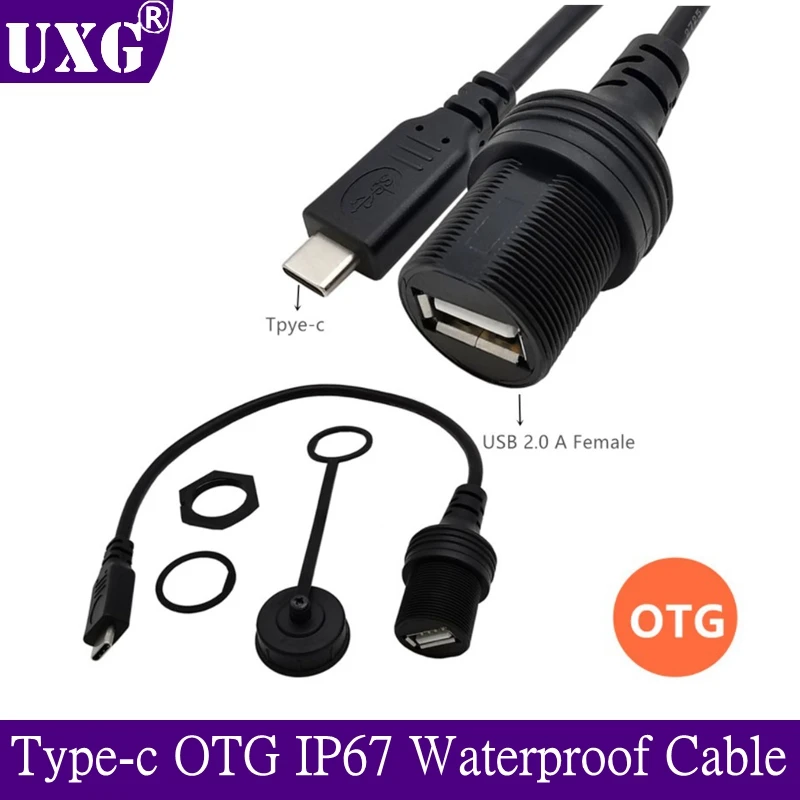 

Type-C waterproof to USB 2.0 female USB-C OTG waterproof AUX embedded panel mounting cable for car, ship, motorcycle dashboard