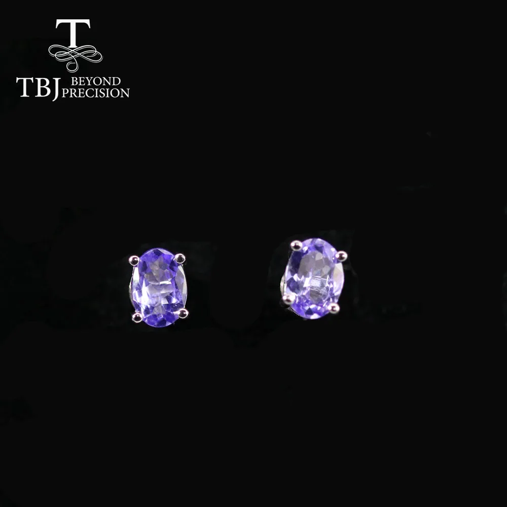 Tbj ,Simple earring  Natural Tanzanite oval 5*7mm1.5ct  Natural brazil  emerald gemstone 925 white sterling silver fine jewelry