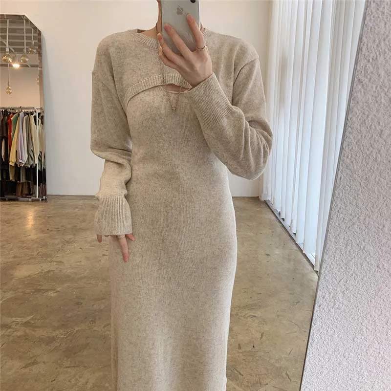 

Korean Two-Piece Dresses Women Knitted Sweater Dress 2020 Spring Autumn New Shawl Sweater + Slim-Fit Split Sling Dress Female