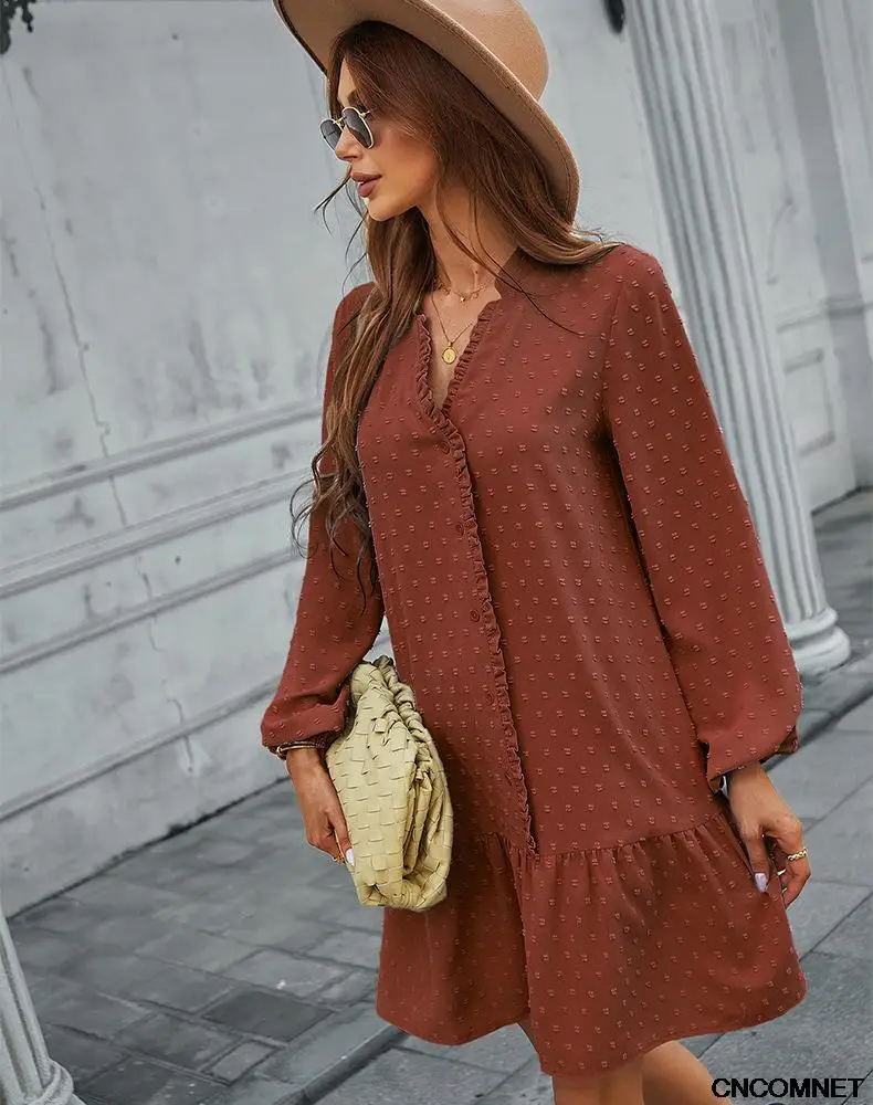 

Solid Color Jacquard A-Line Dress Women Single-Breasted Ruffles V-Neck Long Sleeve Casual Loose Mini Dresses For Femme Vestidos