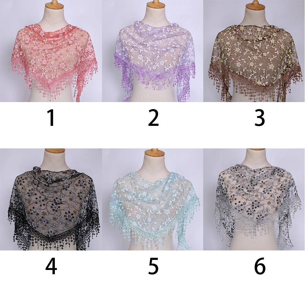 

Fashion Women Summer Scarf Ladies Fashion Lace Tassel Floral Knit Mantilla Triangle Scarf Shawl