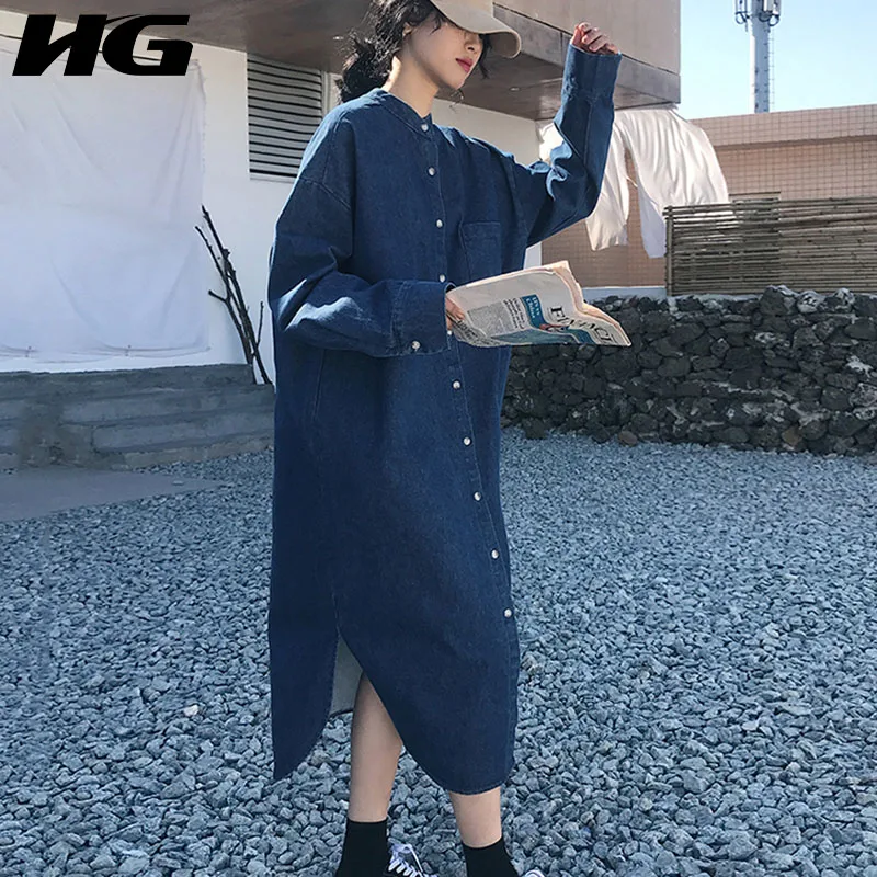 HG ПЛЮС РАЗМЕР джинсовое платье для женщин синий асимметричный однобортный
