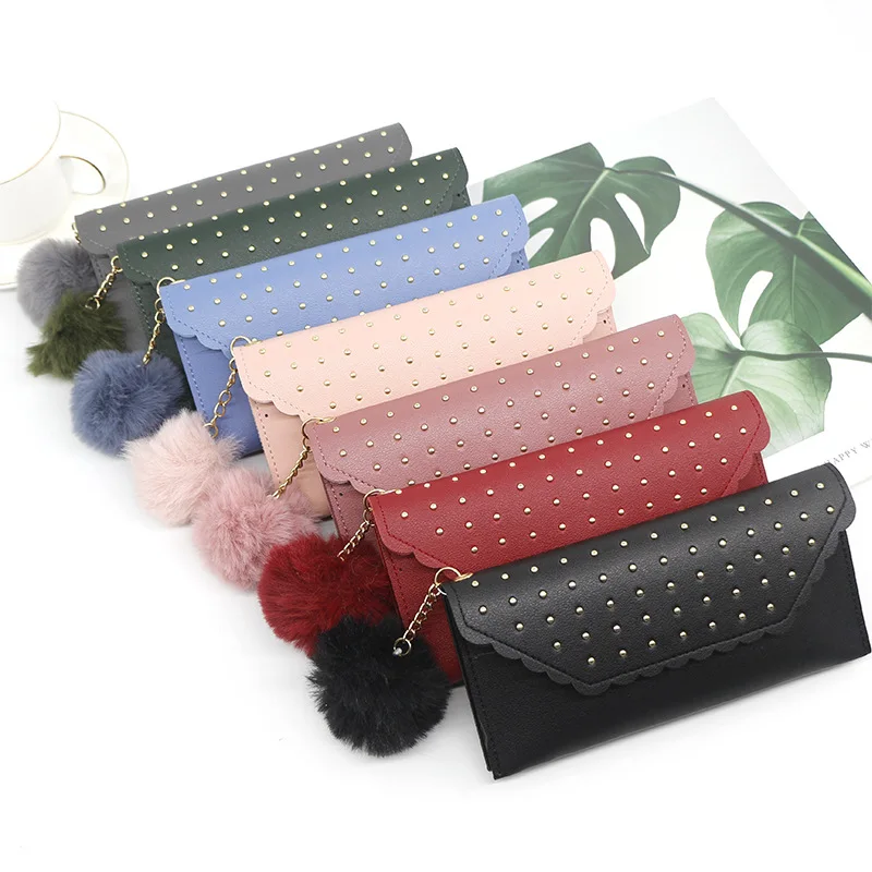

2021 Wallet For Women New Retro Rivet Hasp Long Ladies Wallet Card Purse PU Leather Wallet With Fur Ball Ornaments Phone Bag