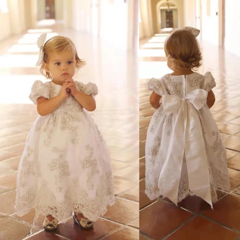 

Cute sweet princess long white ivory custom made lace flower girl dresses gowns wedding guest dress girl's dresses with sleeves