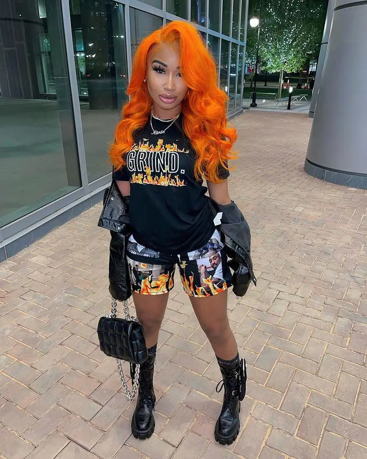 

Chocomist Two-pieces Street Style Hip-hop Fire Print Women Short Set M7443