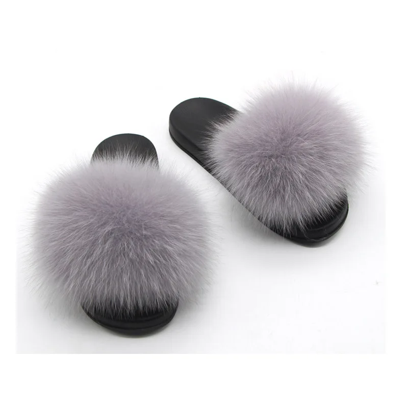 

Women Fluffy Slippers Women Brand Fashion Fox Fur Slides Non-slip Real Fur Slippers Cute Plush Women Fur Slippers Furry Slippers
