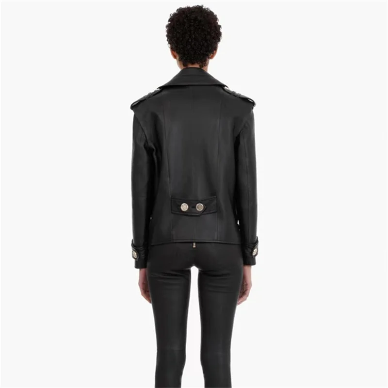 2022 Genuine Leather Jacket Women Short Fashion Gold Button Design Motorcycle Biker Zipper Natural Sheepskin Coat