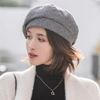 new women wool beret for elegant lady winter female cotton hats plaid vintage octagonal casual boina autumn girl cap