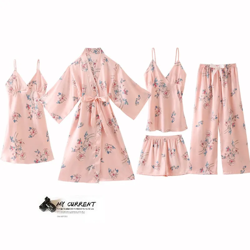 Пижамный комплект женский из 5 предметов Тонкая шелковая атласная пижама с