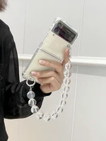 for samsung galaxy z flip 5g 4g 3 flip3 diy fashion cute crystal beads portable hand chain clear shockproof phone case cover