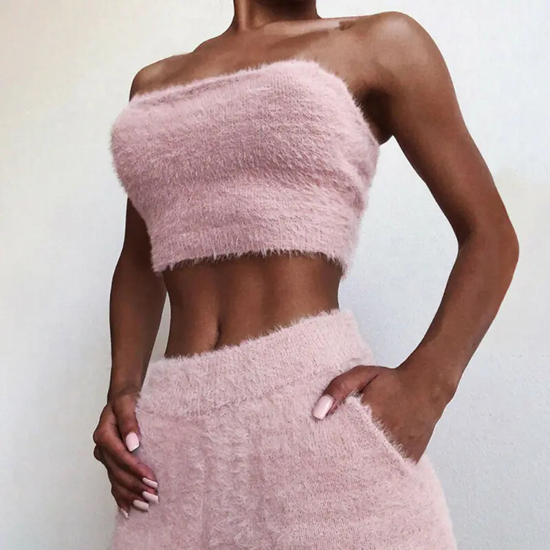 

2020 New Women 2PCS Set Knitted Crop Top Bodycon Skirt Sexy Tube Top Set Party Mini Dress Suit Women Set