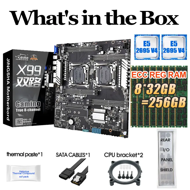 

JINGSHA X99 Dual CPU Motherboard Set with E5-2695V4 CPU and DDR4 8*32GB 256GB ECC REG 2400MHZ Dual Gigabit Ethernet VGA USB3.0