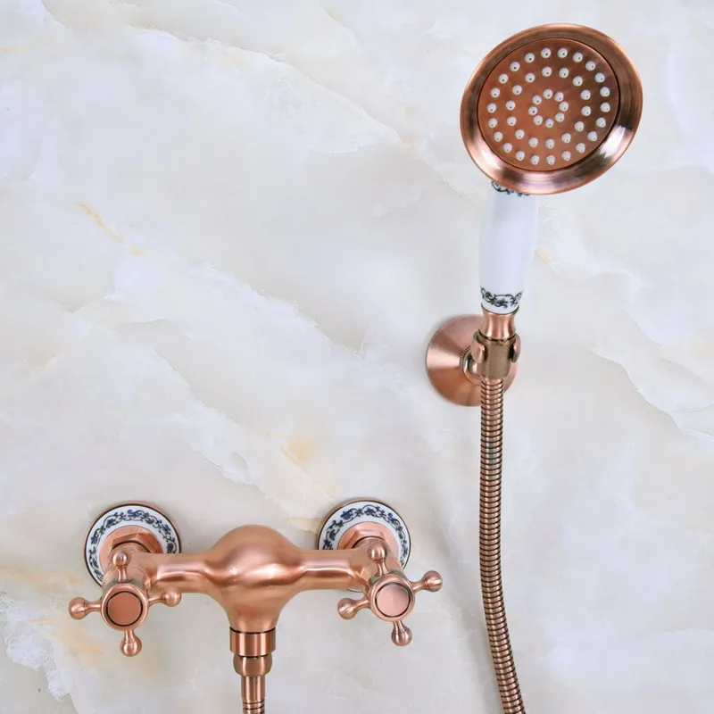 

Antique Red Copper Brass Bathroom Hand Held Shower Head Faucet Set Mixer Tap Dual Cross Handles mna293