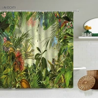 tropical jungle shower curtain fairytale forest green plants flowers parrot animal scenery bathroom wall decor with hook screen