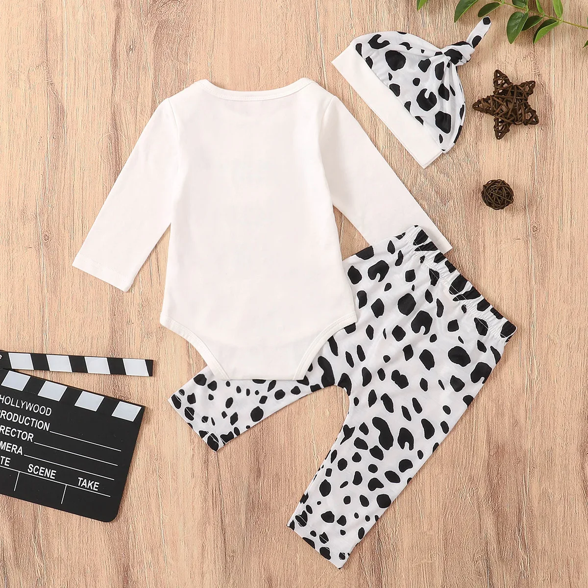 

3Pcs Outfit Infant Baby Girls Boys Suit Set Letter Print Round Neck Long Sleeve Romper+ Spots Trousers+ Hat Spring Autumn 0-18M