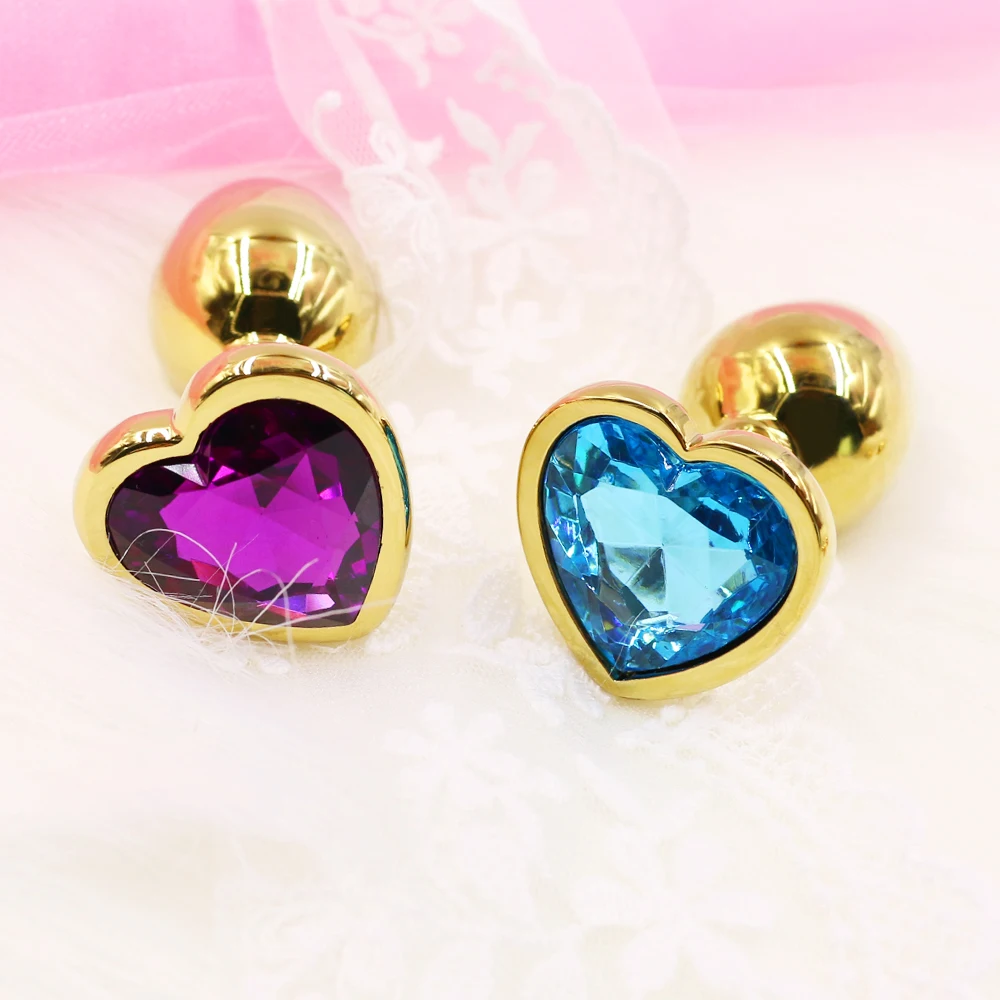 Анальная пробка с золотым металлическим розовым кристаллом в форме сердца